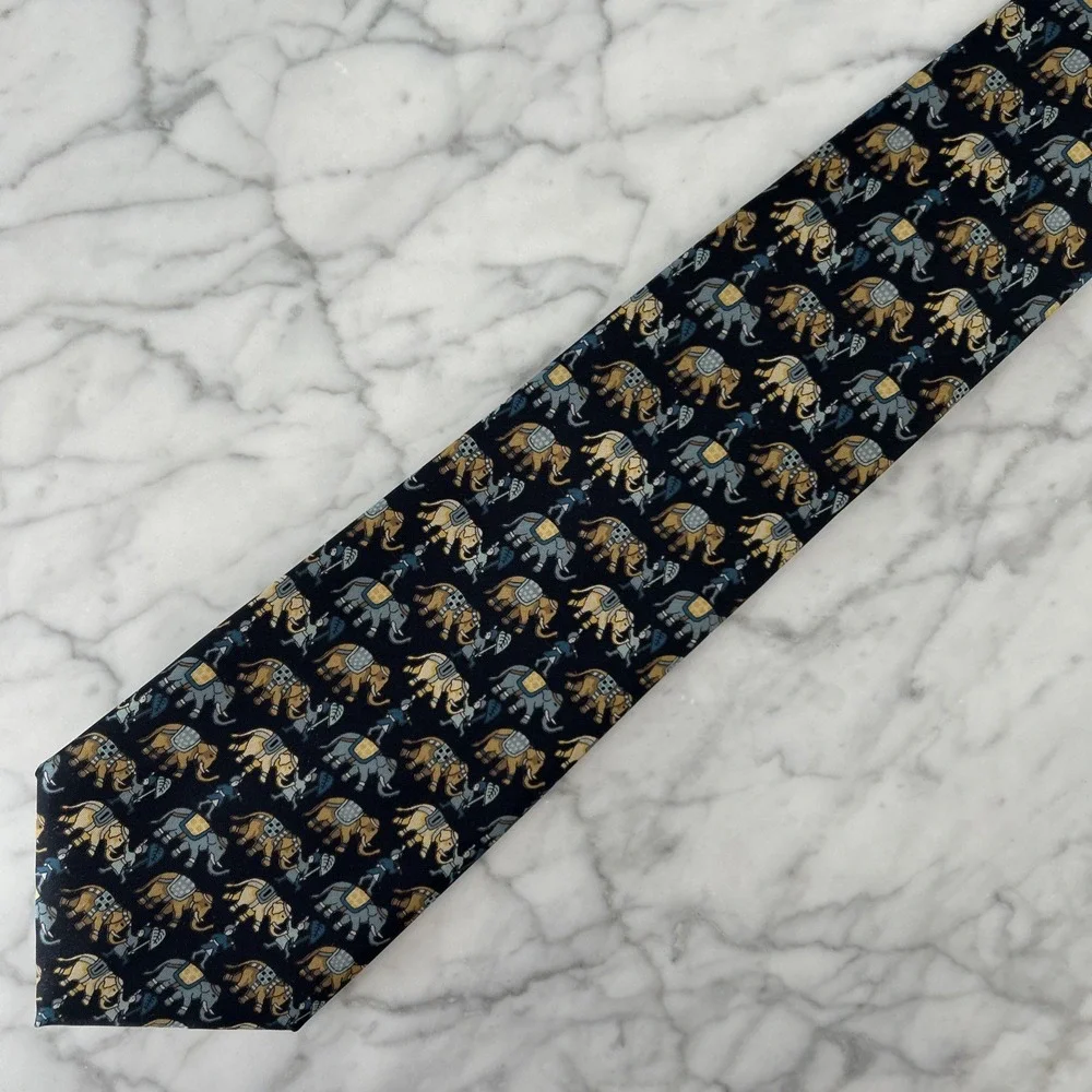 Jim Thompson 100% Silk Tie Whimsical Elephants Animal Print Blue & Tan